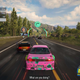 A pink car races down a highway behind a group of other racers.